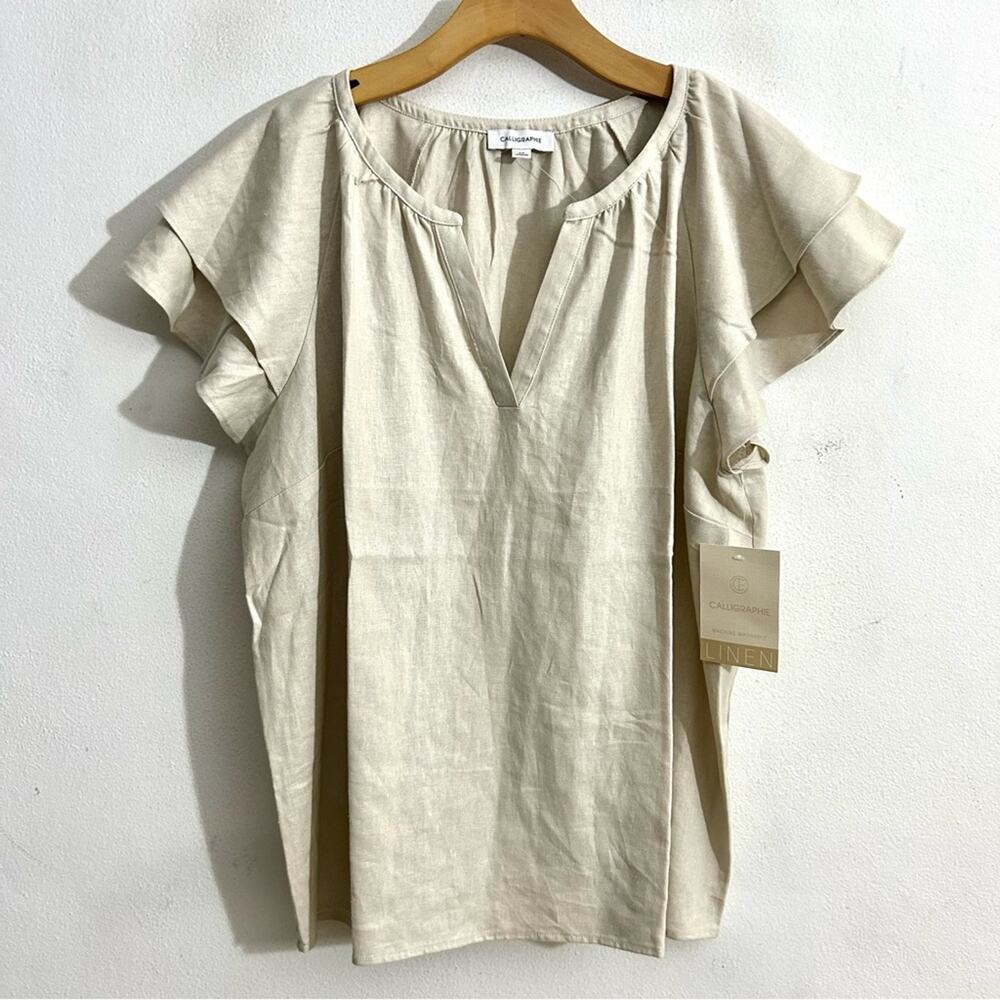 NWOT Anthropologie Beige Linen Ruffled Sleeve Tunic